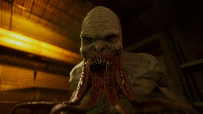 A Stalker 2 screenshot showing a pale humanoid monster with a tendril-like jaw.