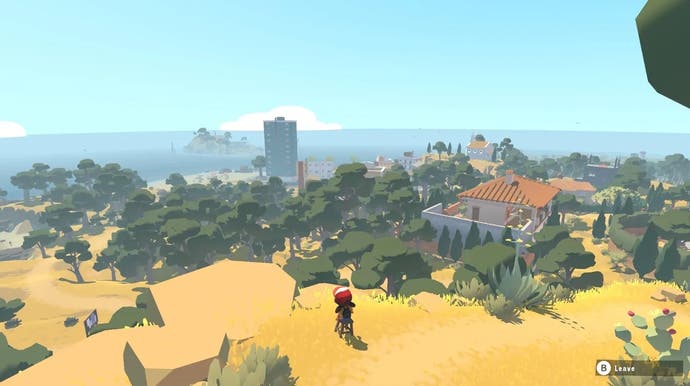 Alba: A Wildlife Adventure official screenshot of the main character overlooking a coastal town from a hill