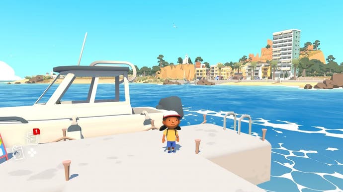 Alba: A Wildlife Adventure official screenshot of the main character on a jetty by a small white boat with ocean and beach behind