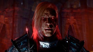 A close-up of Bertie's blonde-haired, masculine human paladin in Baldur's Gate 3. They are messed up. They've got black veins crisscrossing their face and blood all over them, and their eyes glow a menacing red.