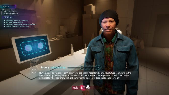 Ubisoft Neo NPC game demo showing a character talking to the player, with generated dialogue text on screen.