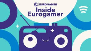 Illustration artwork for the Inside Eurogamer podcast. It shows - in very simple shapes - a purple radio with a smiley face on it. A friendly radio, if you will. Around it, blue and white and purple circles decorate a turquoise background.