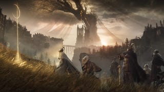 Screenshot from Elden Ring Shadow of the Erdtree story trailer showing a golden symbol with multiple armored characters standing before it