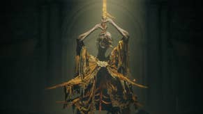 Official Elden Ring Shadow of the Erdtree art showing a skeletal figure in tattered robes, surrounded by darkness, pulling a golden spear up and out of its eye