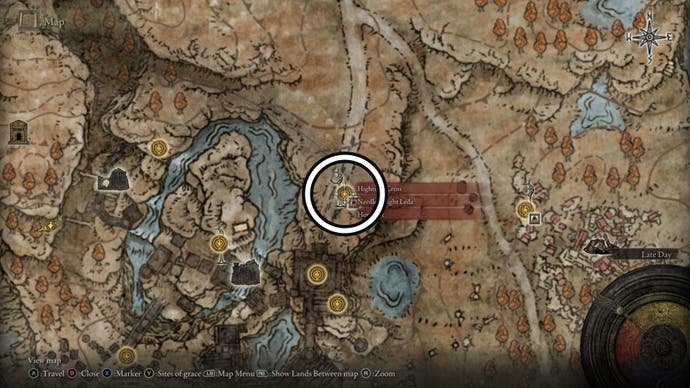 A screenshot of the Highroad Miquella's Cross location on the Elden Ring Shadow of the Erdtree map.