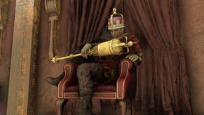 Fallout 4 Fallout London mod showing a chap on a regal looking chair with regal garb on