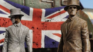 Fallout: London screenshot showing two masked gentlemen against a Union Jack flag