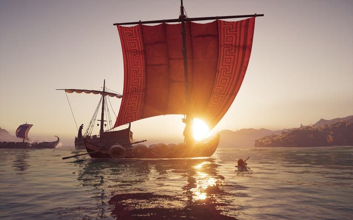 AC Odyssey screenshot of a small sailboard at sea against the setting sun