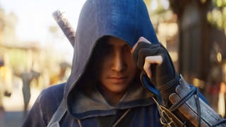 Assassin's Creed Shadows trailer screengrab showing Naoe, a female shinobi, covering her head with a hood