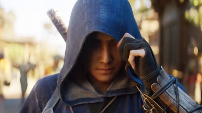 Assassin's Creed Shadows trailer screengrab showing Naoe, a female shinobi, covering her head with a hood