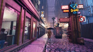 A Shadows of Doubt screenshot showing a man walking along a neon-lit, rain-slicked street, sheltering from the rain beneath a black umbrella.