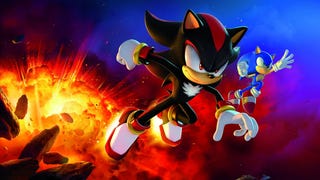 Artwork of Shadow and Sonic flying through space from a huge explosion