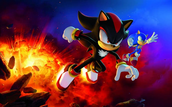 Artwork of Shadow and Sonic flying through space from a huge explosion