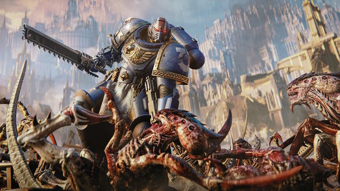 A Space Marine vaults over tyranid bodies in Warhammer 40K: Space Marine 2.