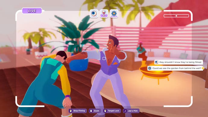 Two people are comically brawling next to a cosy fire pit in a screenshot of The Crush House.