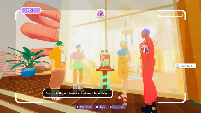 A group of people gather around a soda machine in a screenshot of The Crush House.