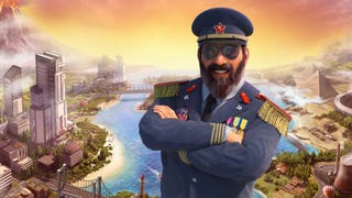 The El Presidente protagonist character from the Tropico series of games. They're white-skinned with fairly bushy black beard, and they have aviator sunglasses and a military dress suit and hat on. Behind them, a tropical paradise has skyscrapers and power plants on.