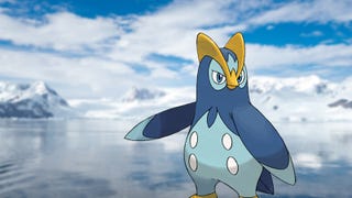 Penguin Pokémon Prinplup points to an Antarctic iceberg.