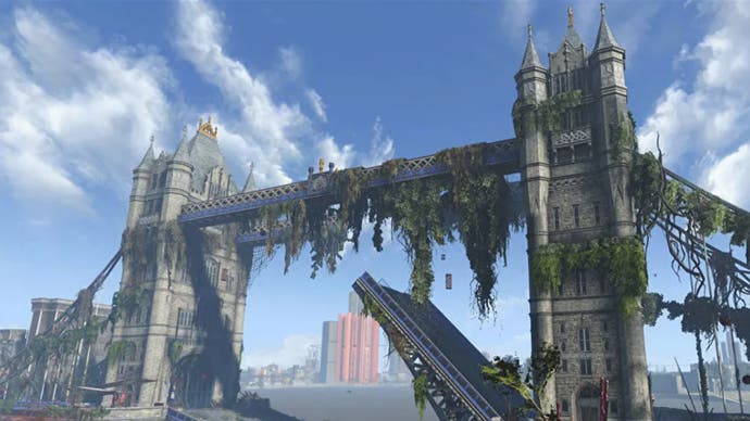 Fallout London screenshot showing Tower Bridge looking worse for wear.