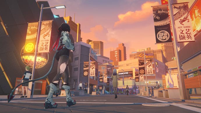 Jane Doe walking down the streets of Lumina Square at dusk in Zenless Zone Zero.